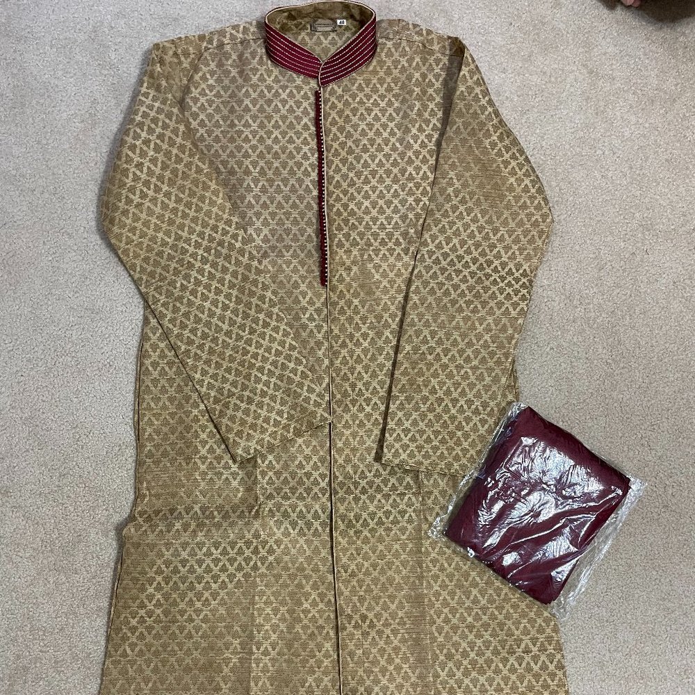 [NEW] Indian Pakistani Men Kurta Pajama Sherwani Wedding Suit Gold Red